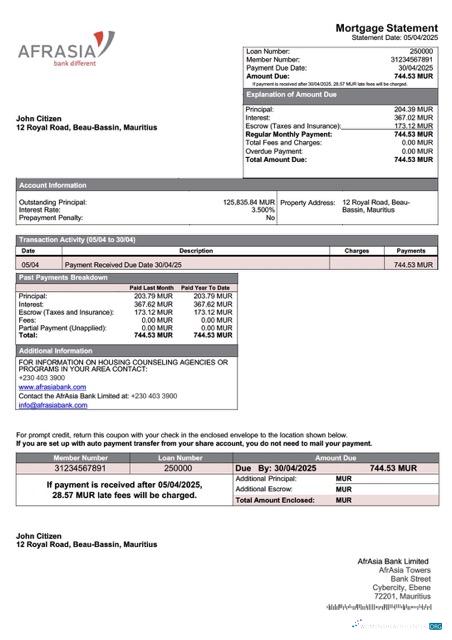 Download Mauritius AfrAsia Bank Limited mortgage statement Word and PDF template Photoshop template